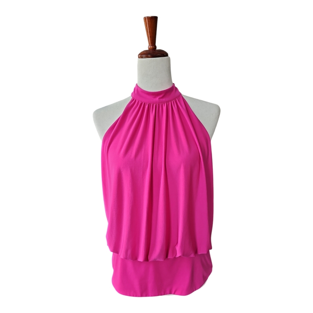 Express Banded Bottom Cut Out Back Mock Neck Halter Top Hot Pink Large NWT - Picture 2 of 6